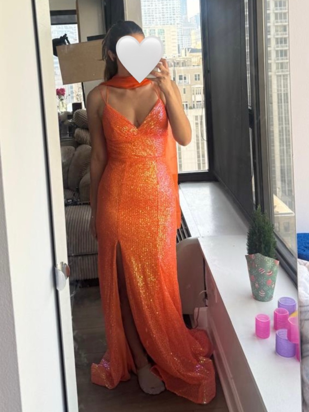 Gorgeous orange sequin dress with neck dcarf